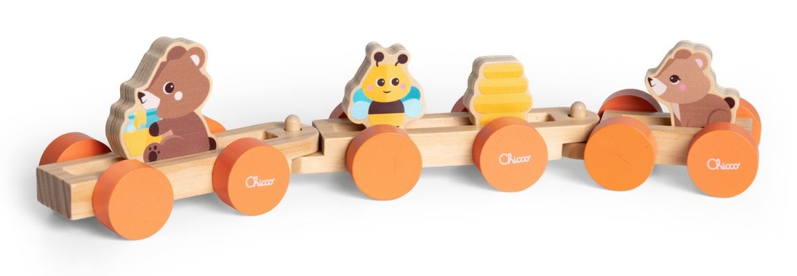 Chicco Trenino degli Orsetti in Legno - Gioco Montessori con 4 Personaggi, 5 Blocchi Colorati e 3 Vagoni per Bambini 24m