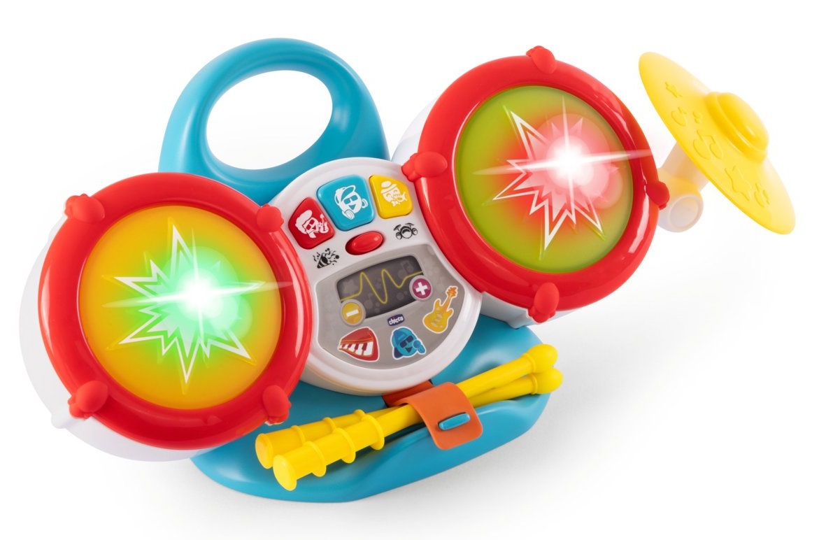 Chicco La Mia Prima Batteria - Gioco Musicale Elettronico con 2 Tamburi, 1 Cimbalo, 2 Bacchette, Oltre 35 Suoni e Melodie, 5 Livelli di Volume, Luci Colorate, 3 Modalità di Gioco, per Bambini dai 18 ai 36 Mesi