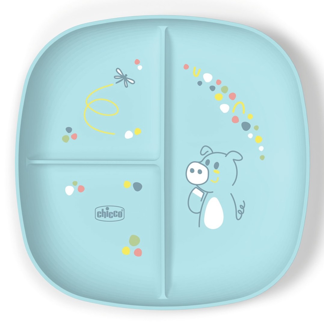 Chicco Piatto Porzionato Azzurro 18M - Piatto Pappa con 3 Scomparti, Lavabile in Lavastoviglie, Adatto per Microonde, Senza BPA