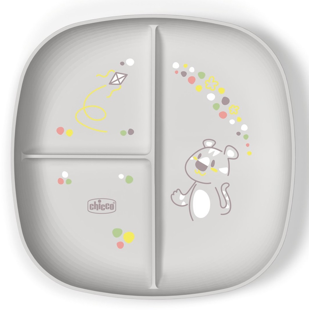 Chicco Piatto Porzionato Grigio 18M - Piatto con Scomparti, Lavabile in Lavastoviglie, Adatto per Microonde, Senza BPA