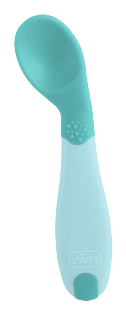 Chicco Cucchiaio Angolato 8M Azzurro - Cucchiaio Ergonomico per Neonati, Design Morbido per Iniziare a Mangiare in Autonomia