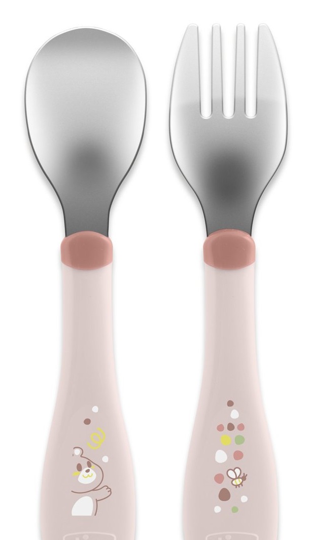 Chicco Posatine Inox 18M Rosa - Set di Posate per Bambini in Acciaio Inossidabile, Forchetta e Cucchiaio, Facili da Impugnare, 2 Pezzi