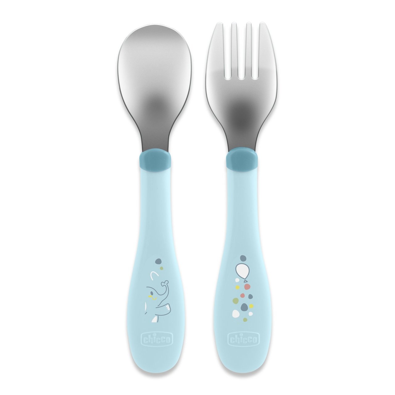 Chicco Posatine Inox 18M Azzurro - Set di Posate per Bambini in Acciaio Inossidabile, Forchetta e Cucchiaio Facili da Impugnare