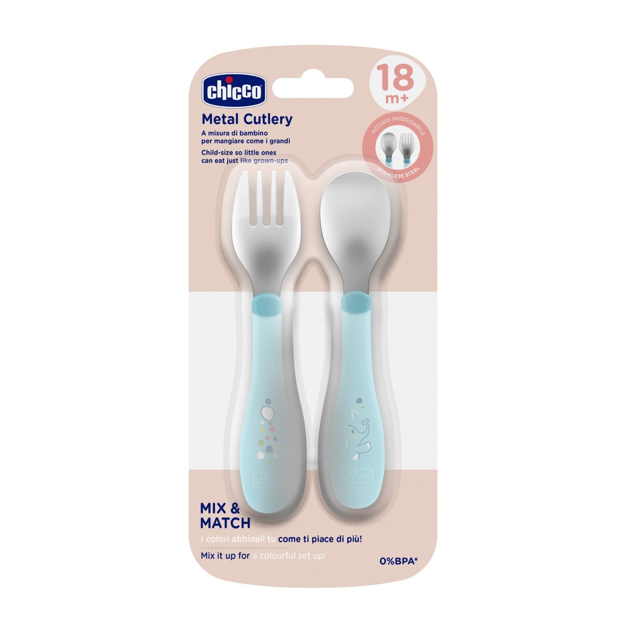 Chicco Posatine Inox 18M Azzurro - Set di Posate per Bambini in Acciaio Inossidabile, Forchetta e Cucchiaio Facili da Impugnare