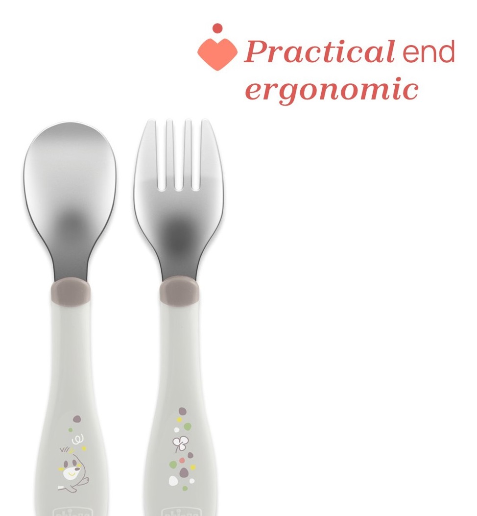 Chicco Posatine Inox 18M Azzurro - Set di Posate per Bambini in Acciaio Inossidabile, Forchetta e Cucchiaio Facili da Impugnare