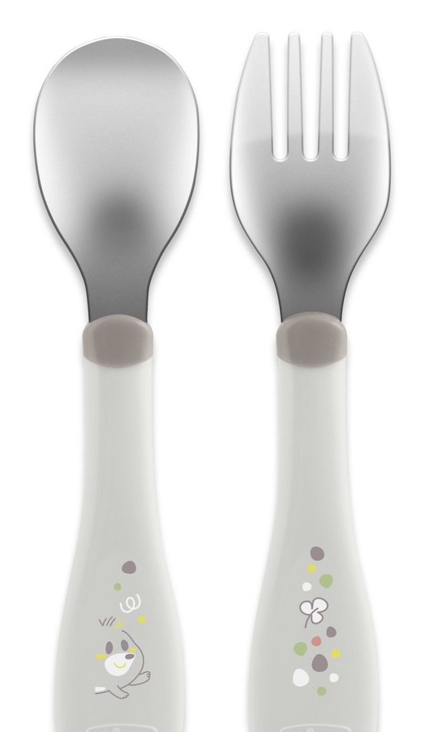 Chicco Posatine Inox 18M Grigio - Set di Posate per Bambini in Acciaio Inossidabile, Facili da Impugnare (Forchetta e Cucchiaio)