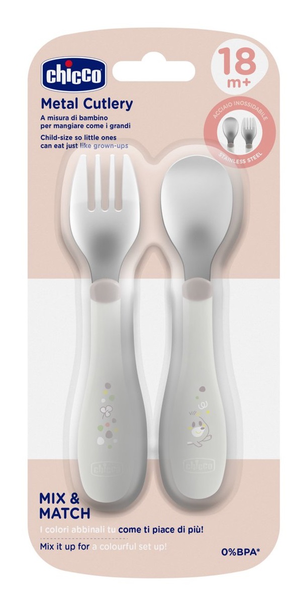 Chicco Posatine Inox 18M Grigio - Set di Posate per Bambini in Acciaio Inossidabile, Facili da Impugnare (Forchetta e Cucchiaio)