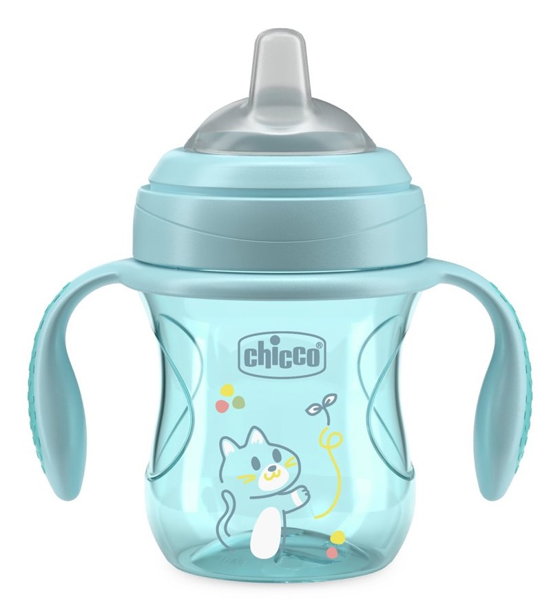 Chicco Tazza Transition Azzurra 200ml, Antigoccia con Beccuccio Ergonomico e Manici Removibili, per Bambini 4 Mesi