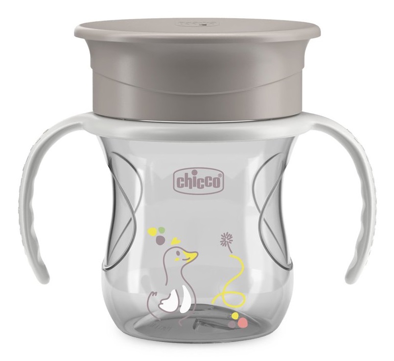 Chicco Perfect Cup Tazza 200 ml 12 Mesi Grigia con Membrana in Silicone a 360°, Manici Rimovibili e Senza BPA