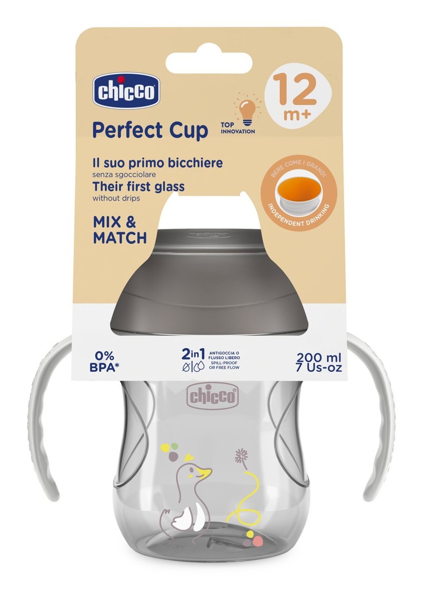 Chicco Perfect Cup Tazza 200 ml 12 Mesi Grigia con Membrana in Silicone a 360°, Manici Rimovibili e Senza BPA