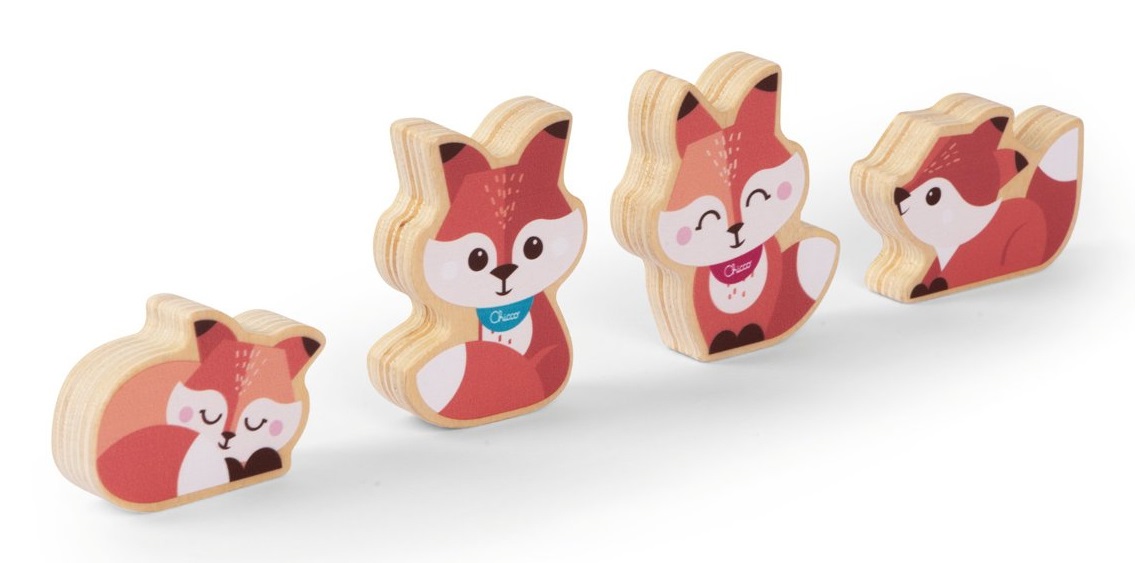 Chicco Set Collezionabile in Legno - 2 Volpi e 1 Pezzo di Puzzle, Gioco Montessori per Bambini 2 Anni