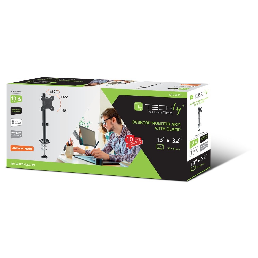 Techly Supporto da Scrivania con Morsetto per Monitor 13-32'' - Braccio Corto Inclinabile, Ergonomico e Salvaspazio