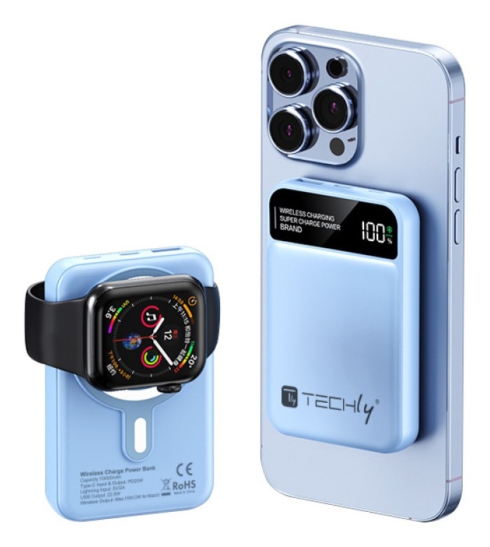 Techly Batteria Portatile Wireless Magnetico 3 in 1 10.000 mAh 22,5W con LED - Azzurro