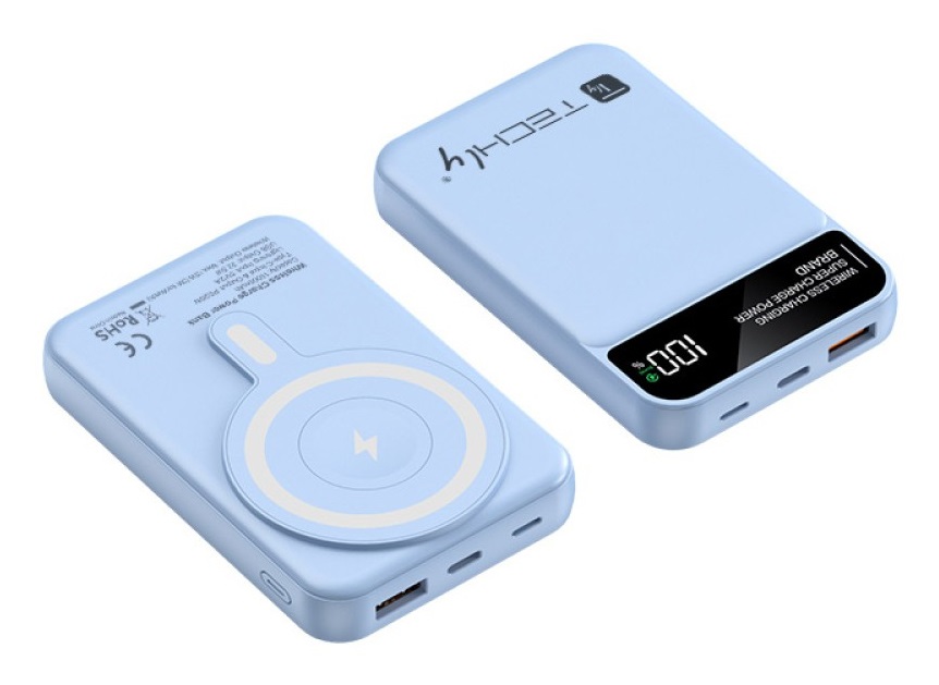 Techly Batteria Portatile Wireless Magnetico 3 in 1 10.000 mAh 22,5W con LED - Azzurro