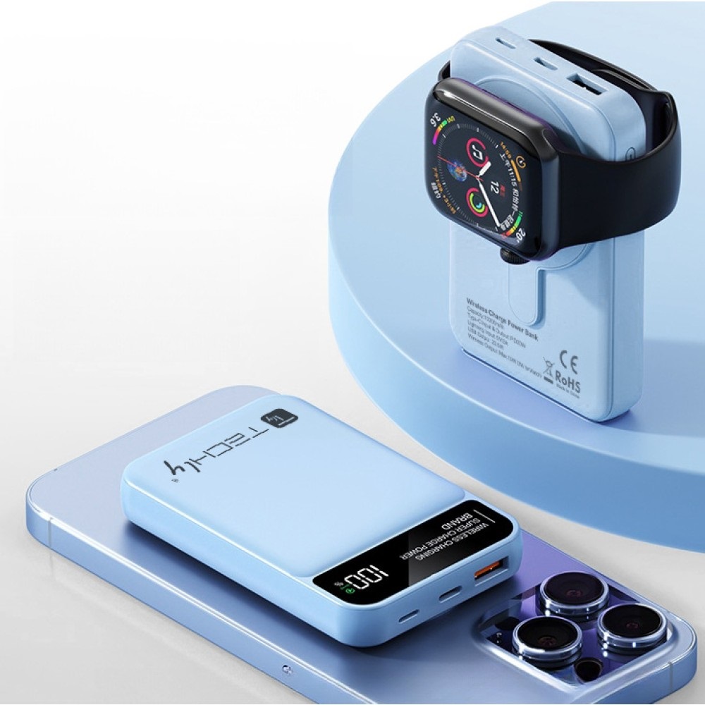 Techly Batteria Portatile Wireless Magnetico 3 in 1 10.000 mAh 22,5W con LED - Azzurro