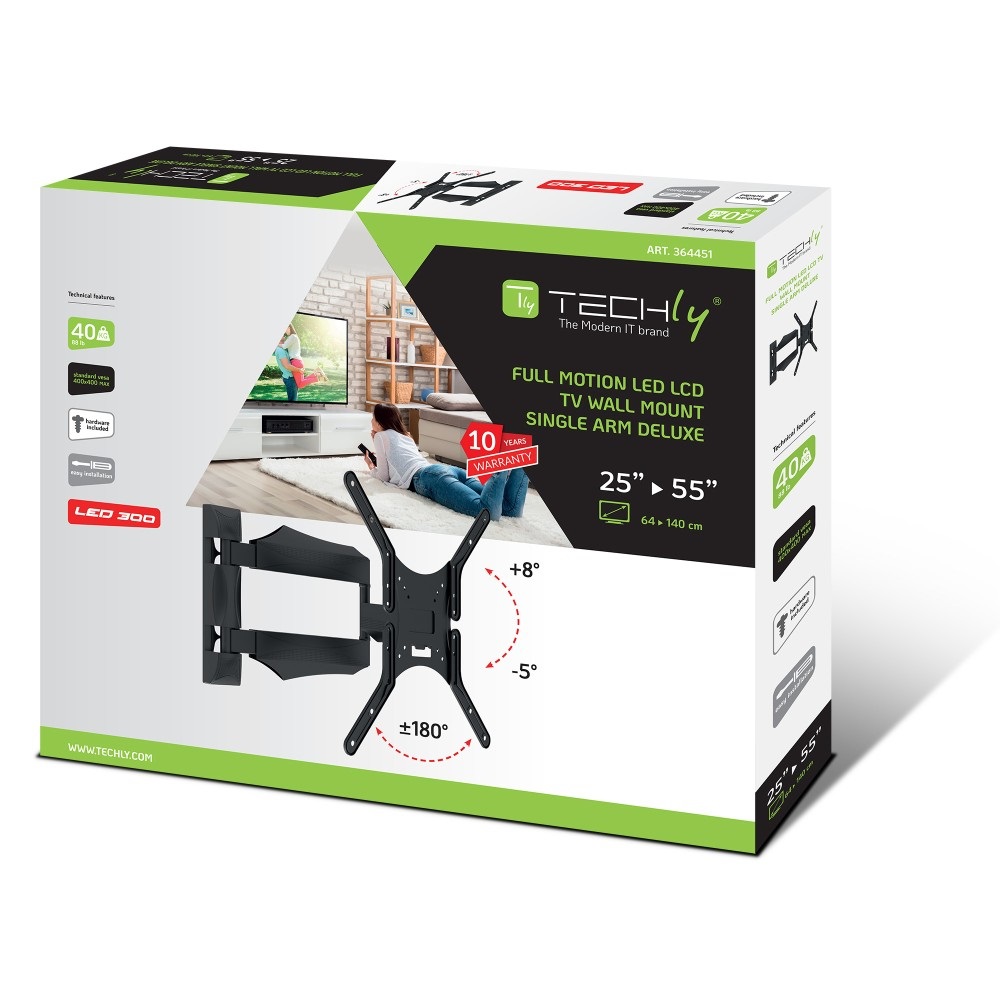Techly ICA-PLB 271M Supporto TV a parete Full Motion 25-52'' Nero - Capacità 40kg, Regolazione Livello, Braccio Rotante