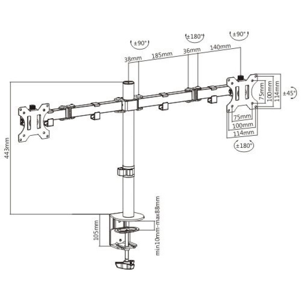 Techly ICA-LCD 582-D Supporto da Scrivania per 2 Monitor 13-32'' a Morsetto - Capacità 8 kg, VESA 75x75/100x100, Acciaio Regolabile