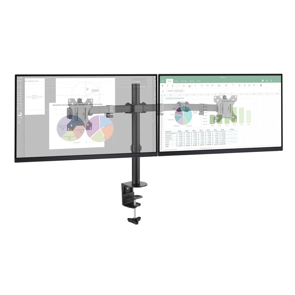 Techly ICA-LCD 582-D Supporto da Scrivania per 2 Monitor 13-32'' a Morsetto - Capacità 8 kg, VESA 75x75/100x100, Acciaio Regolabile