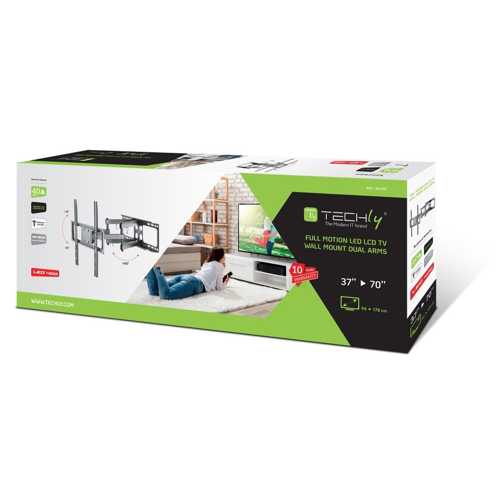 Techly ICA-PLB 344LTY Supporto TV a parete Full-Motion per TV LED/LCD da 37'' a 70'' - Nero, fino a 40 kg, VESA max 600x400