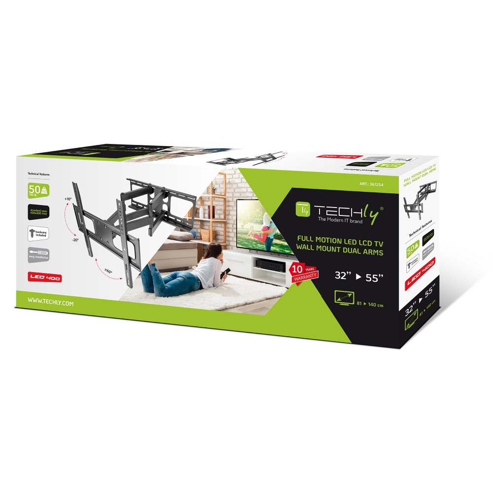 Techly ICA-PLB 3646 Supporto TV a parete Doppio Braccio per TV LED/LCD 32-55'' fino a 50 kg, Estensione 510 mm, Rotazione 60°