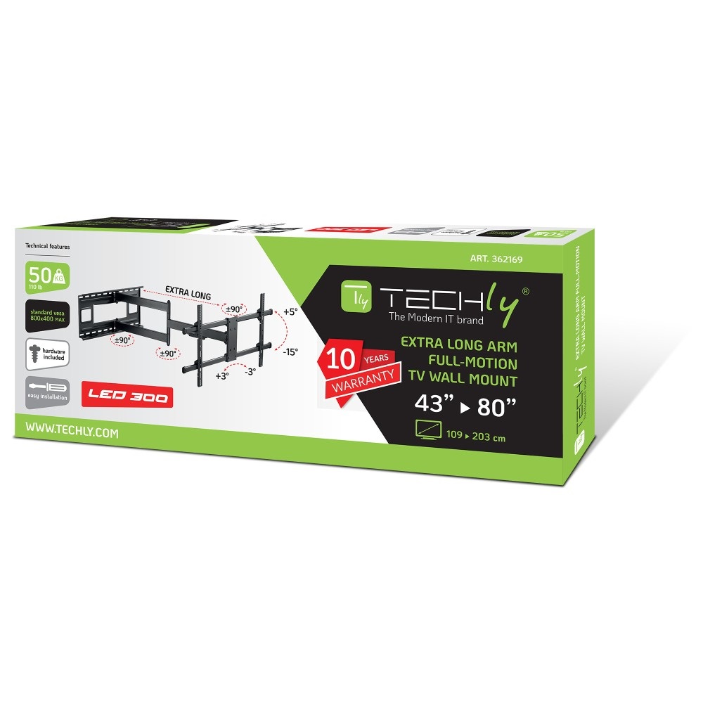 Techly ICA-PLB 490 Supporto TV a Parete Estensibile per TV LCD/LED 43-80'' Nero, VESA 200x200 e 800x400, Rotazione -90° a 90°, Inclinazione -15° a 5°