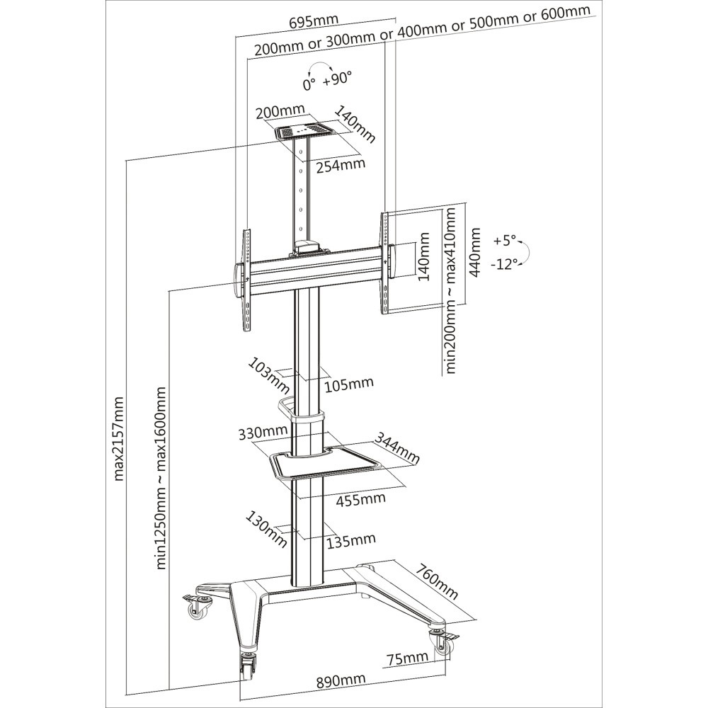 Techly ICA-TR48W Supporto da Pavimento per TV da 37'' a 70'' Bianco in Alluminio Ultraresistente