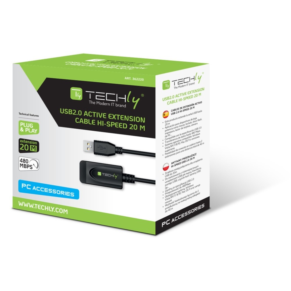 Techly IUSB-REP220TY3 Cavo Prolunga Attivo Extender USB 2.0 20 m USB A Nero - Velocità 480 Mbit/s