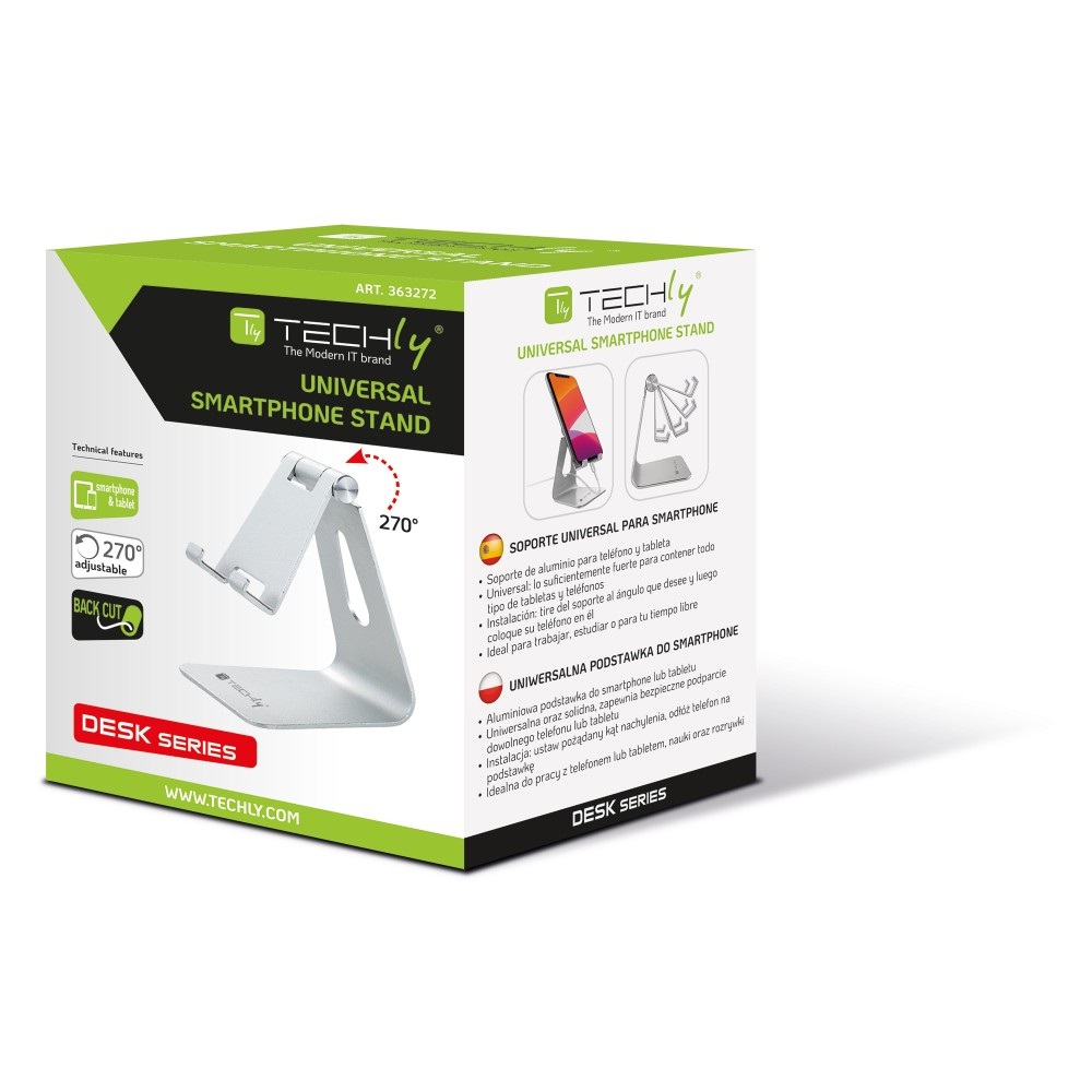 Techly 363272 Supporto Universale Regolabile per Smartphone e Tablet da Scrivania in Lega di Alluminio - Design Minimalista e Elegante