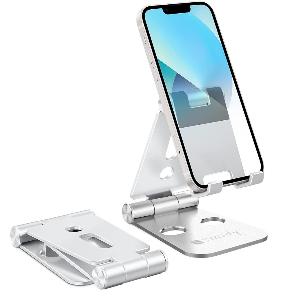 Techly 363289 Supporto Regolabile e Pieghevole per Smartphone e Tablet da Scrivania in Lega di Alluminio Argento