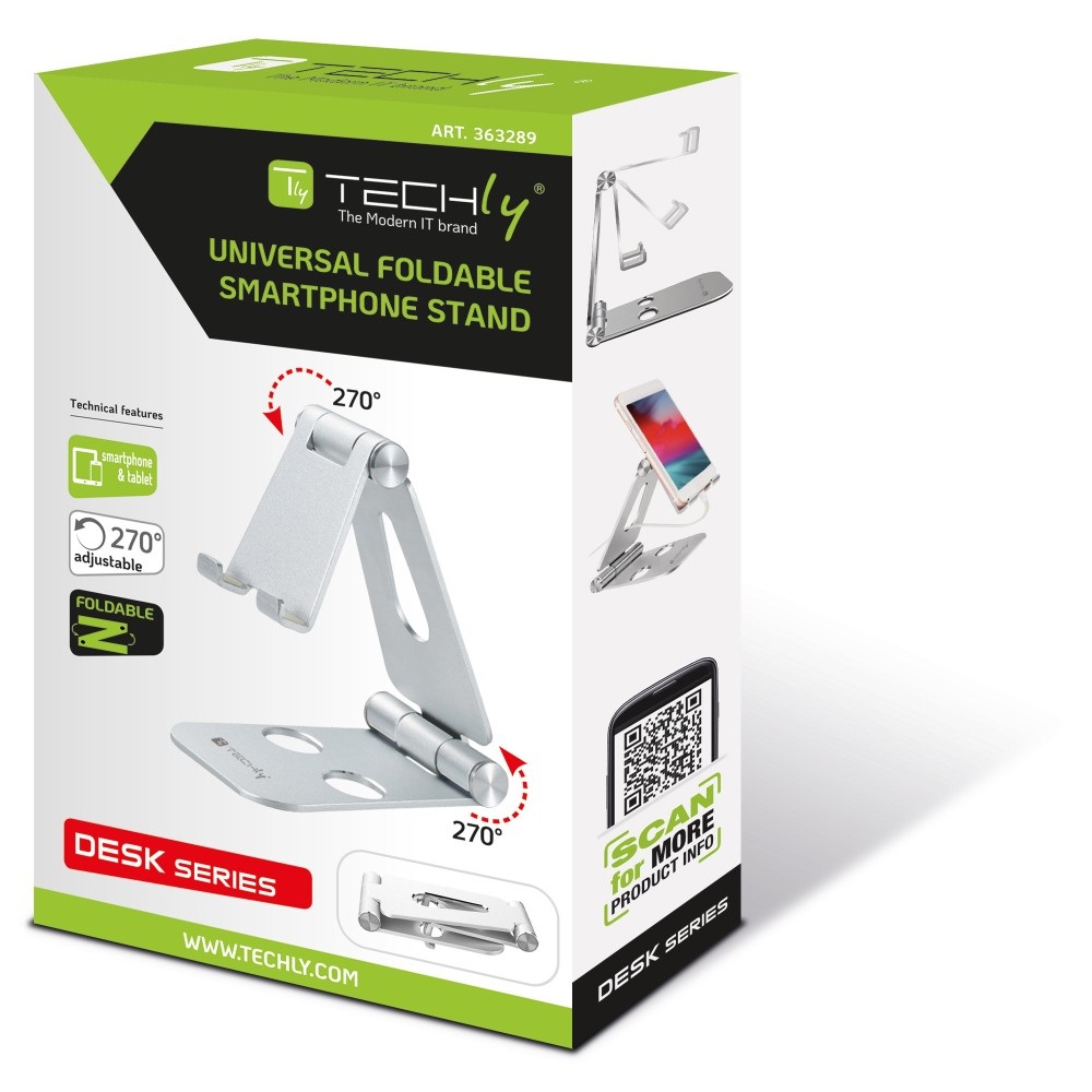 Techly 363289 Supporto Regolabile e Pieghevole per Smartphone e Tablet da Scrivania in Lega di Alluminio Argento