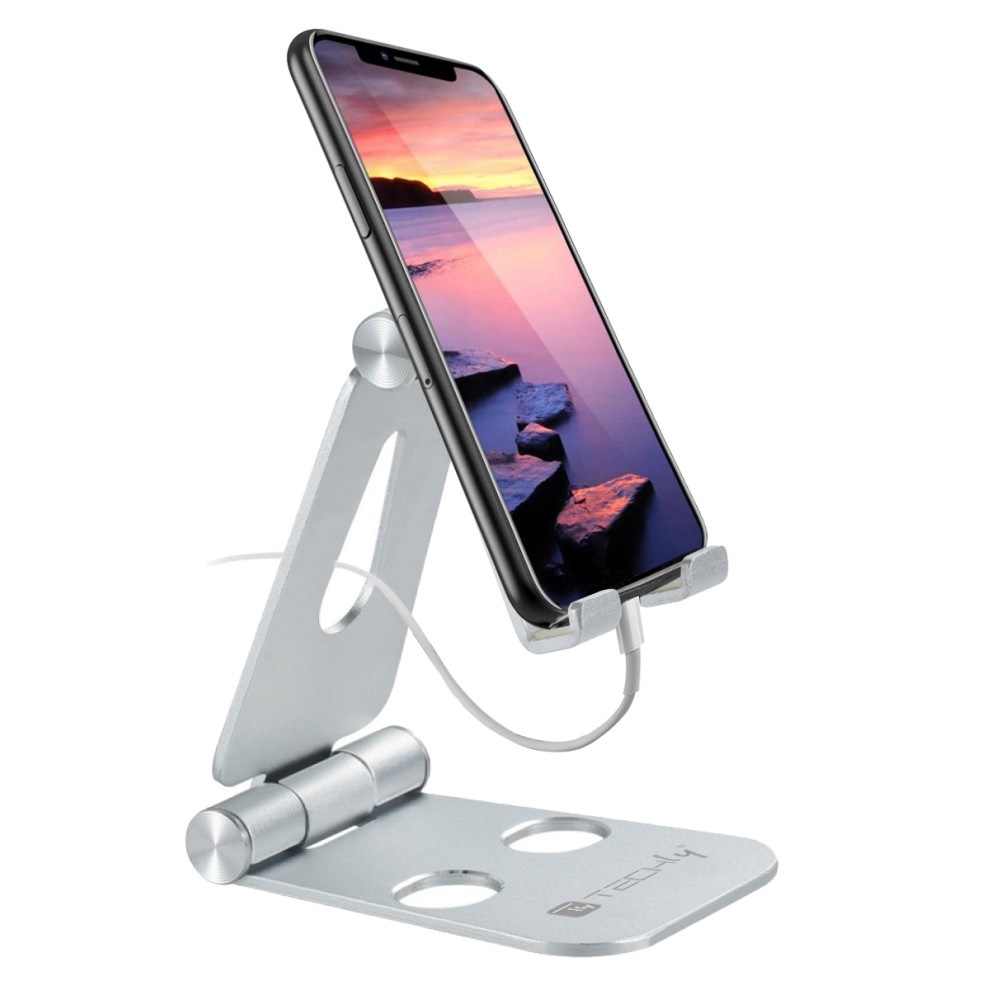Techly 363289 Supporto Regolabile e Pieghevole per Smartphone e Tablet da Scrivania in Lega di Alluminio Argento