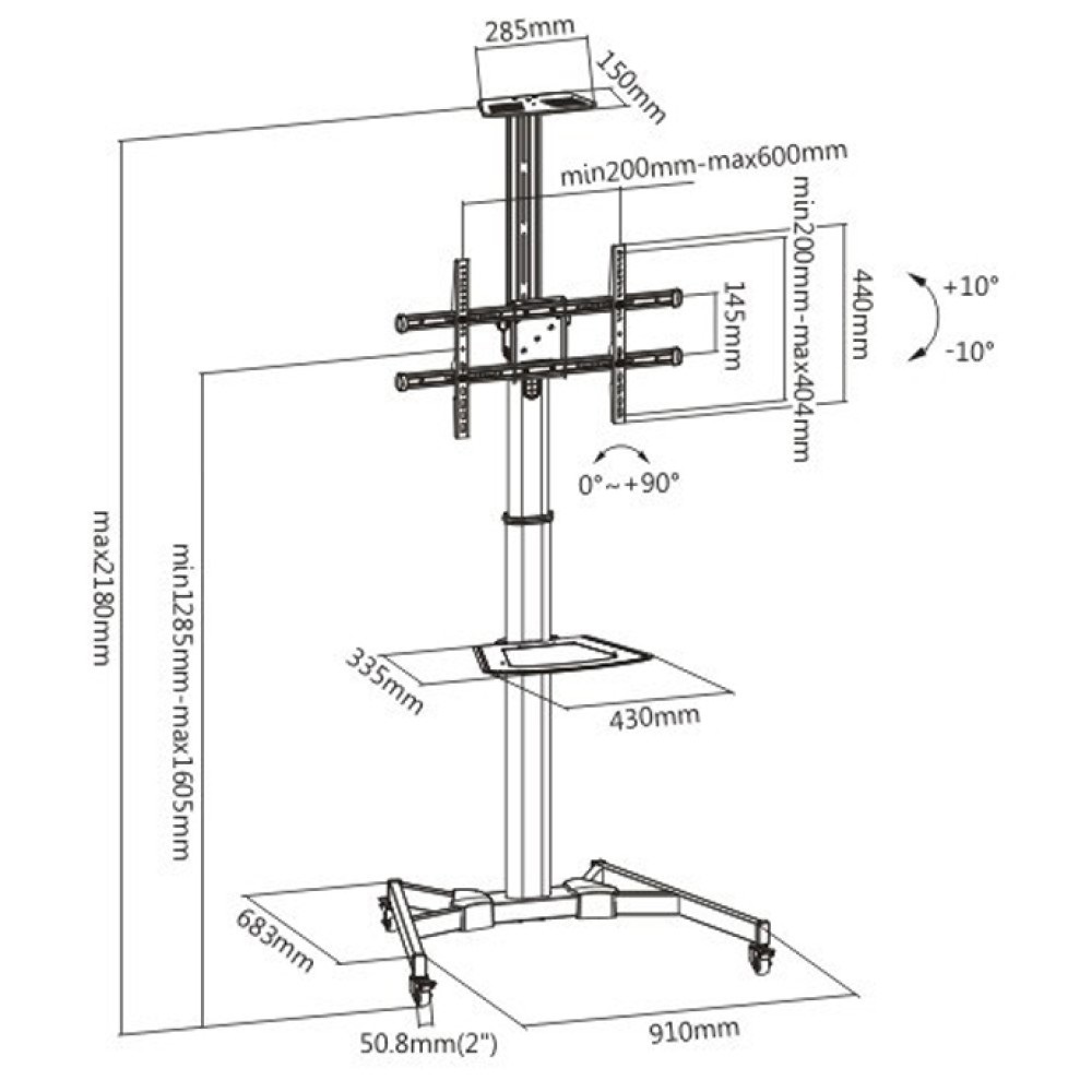 Techly ICA-TR46 Supporto da Pavimento con Mensola per TV/LED/LCD 37''-70'' Nero - Fino a 50 kg