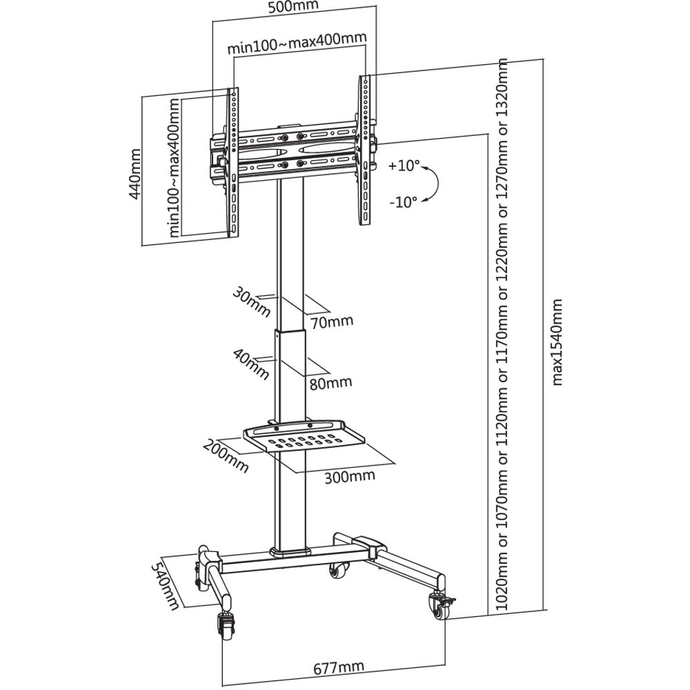 Techly ICA-TR21L Trolley da Pavimento con Mensola per TV LCD/LED/Plasma 32-55'' - Supporto Regolabile in Altezza, Nero