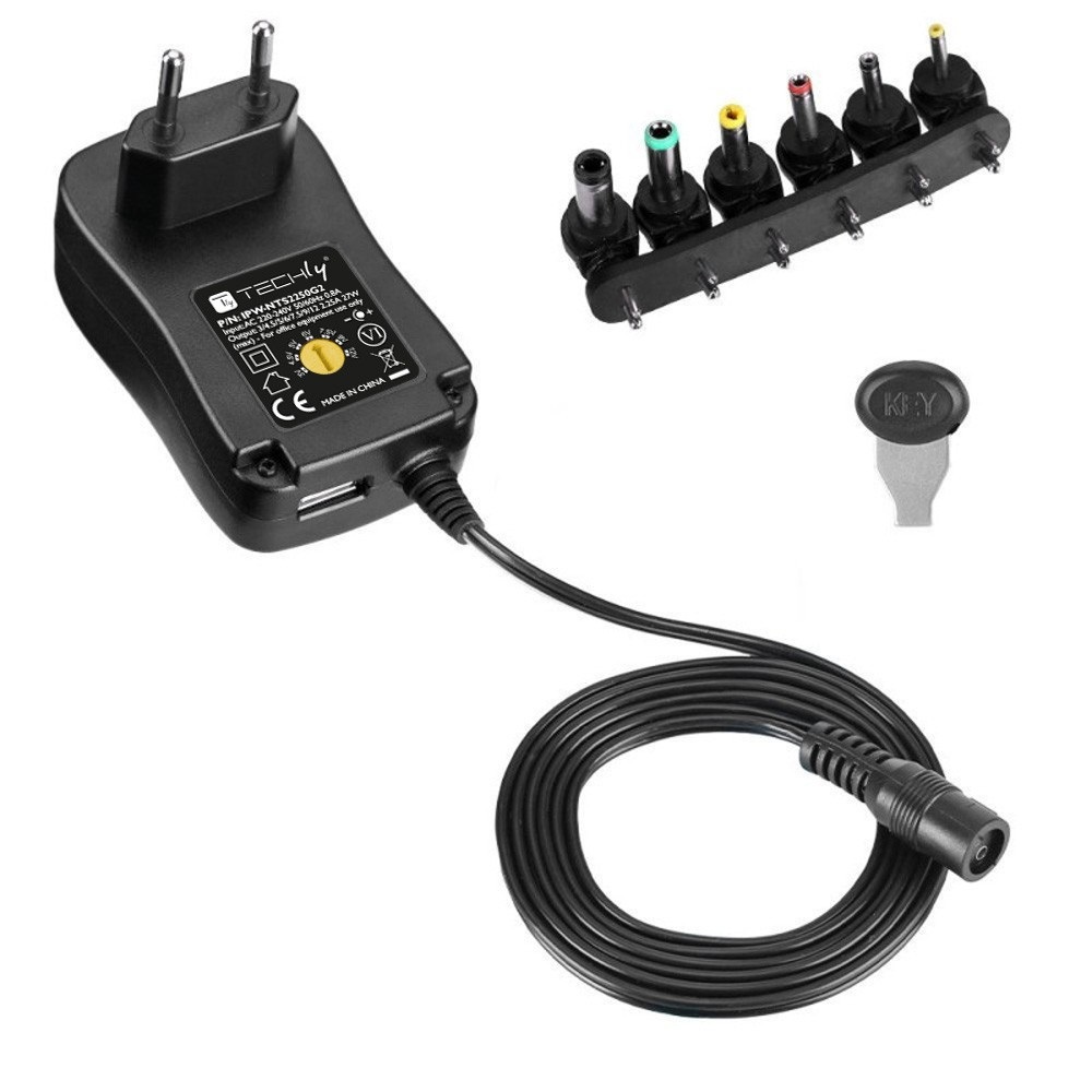 Techly Alimentatore Universale Regolabile 27W AC/DC 3V-12V 2250 mA con 6 Spine DC e Porta USB 1A - Nero