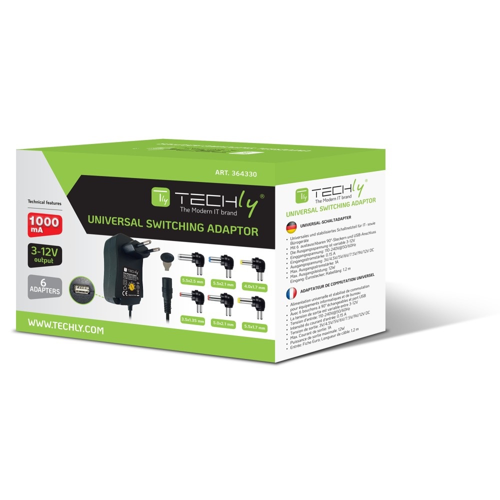 Techly Alimentatore Universale Regolabile 27W AC/DC 3V-12V 2250 mA con 6 Spine DC e Porta USB 1A - Nero
