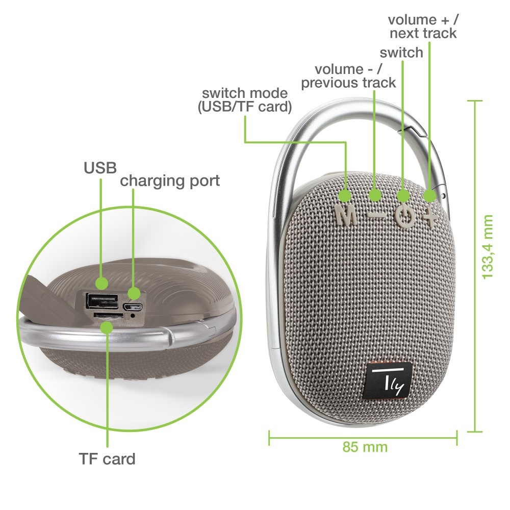 Techly ICASBL321GR Altoparlante Bluetooth 5W, 4,5 cm, 120-20000 Hz, Grigio