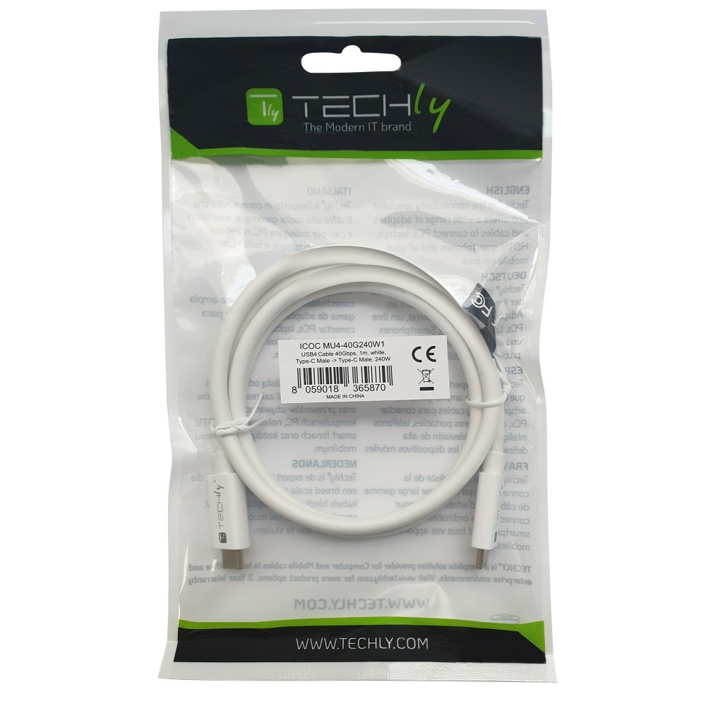 Techly Cavo USB4 Gen3 EPR USB-C™ M/M 40G 240W PD3.1 8K E-Mark Certificato 1m Bianco