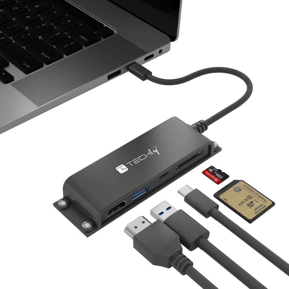 Techly Docking Station 5 in 1 USB-C™ Hub HDMI con Lettore Micro SD/SD - Nero