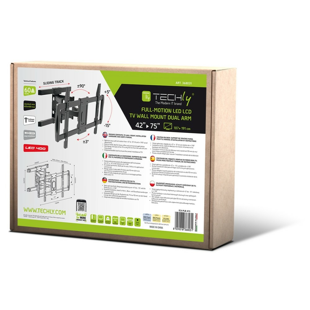 Techly ICA-PLB-473 Supporto TV a parete Doppio Braccio per TV LCD/LED 42-75'' fino a 60 kg, Estensione 411 mm, Rotazione 90°, Inclinazione 5°, Nero