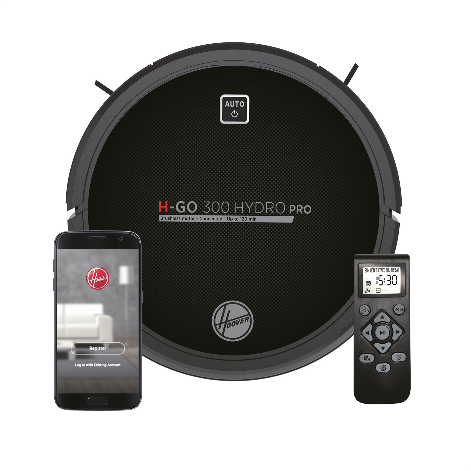 Hoover H-GO 300 Hydro Pro HGO330HC Robot Aspirapolvere 0,35 L Nero con Wi-Fi, Connessione Alexa, 120 Min di Autonomia, Telecomando e Base di Ricarica