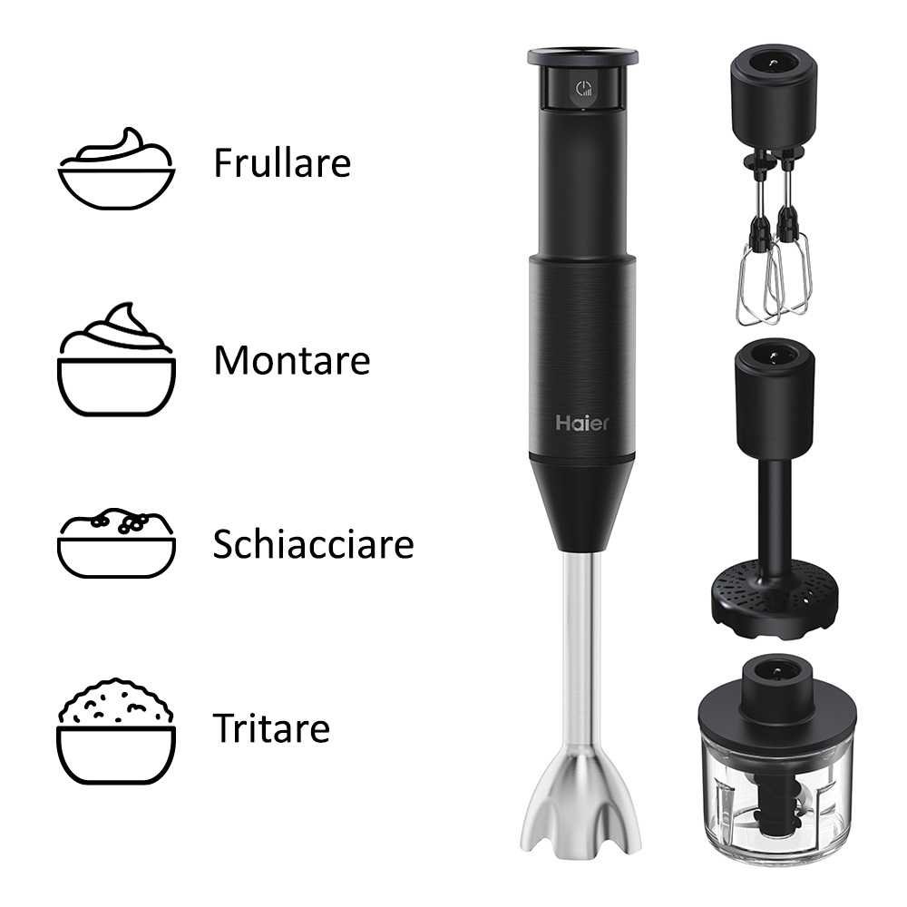 Haier Frullatore a immersione I-Master Serie 5 HHB5B5 011 Nero/Argento, 1000 W, 0,9 L, 3 lame in acciaio inox, Accessoriato con frusta, schiacciapatate e tritatutto