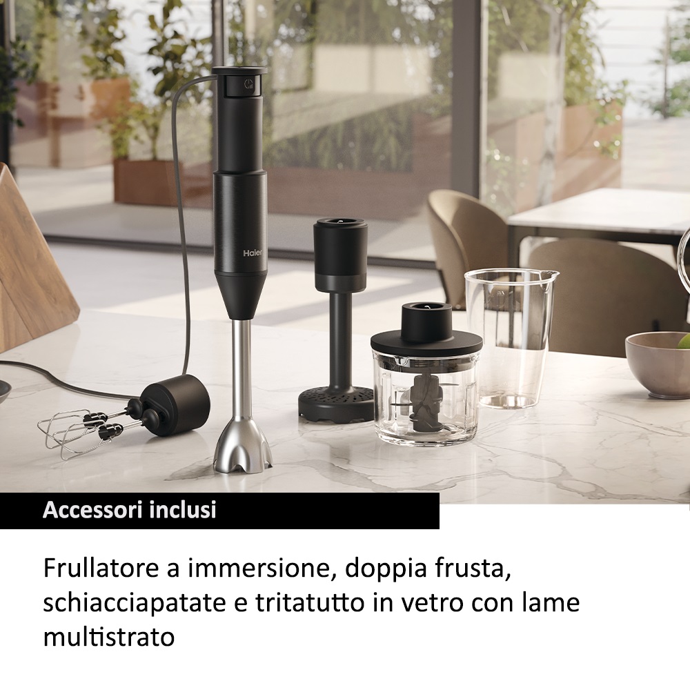 Haier Frullatore a immersione I-Master Serie 5 HHB5B5 011 Nero/Argento, 1000 W, 0,9 L, 3 lame in acciaio inox, Accessoriato con frusta, schiacciapatate e tritatutto