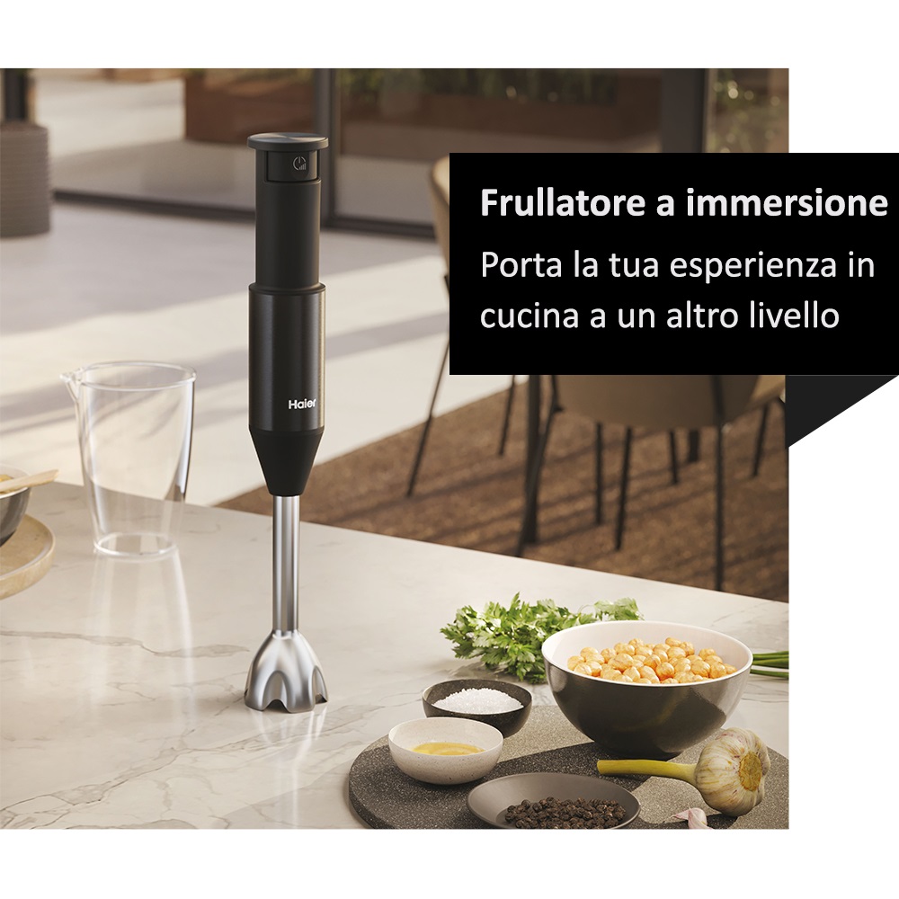 Haier Frullatore a immersione I-Master Serie 5 HHB5B5 011 Nero/Argento, 1000 W, 0,9 L, 3 lame in acciaio inox, Accessoriato con frusta, schiacciapatate e tritatutto