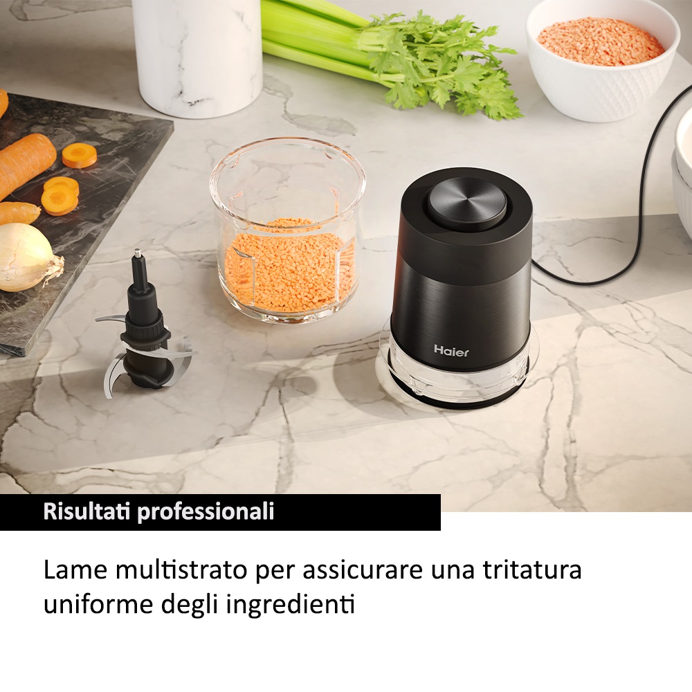 Haier Tritatutto I-Master Serie 5 Nero, Elettrico 550W, 4 lame in acciaio inox, 2 velocità, Ciotola in vetro 0,5 L, Base antiscivolo