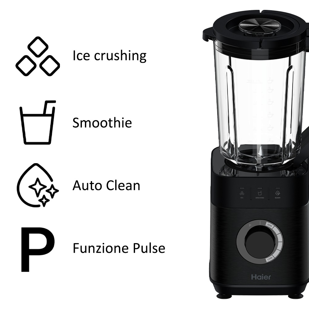 Haier Frullatore I-Master Serie 5 Obsidian Grey, 1200 W, Caraffa in Vetro da 2 L, 6 Lame in Acciaio Inox, 3 Programmi Automatici, Personal Jug Incluso