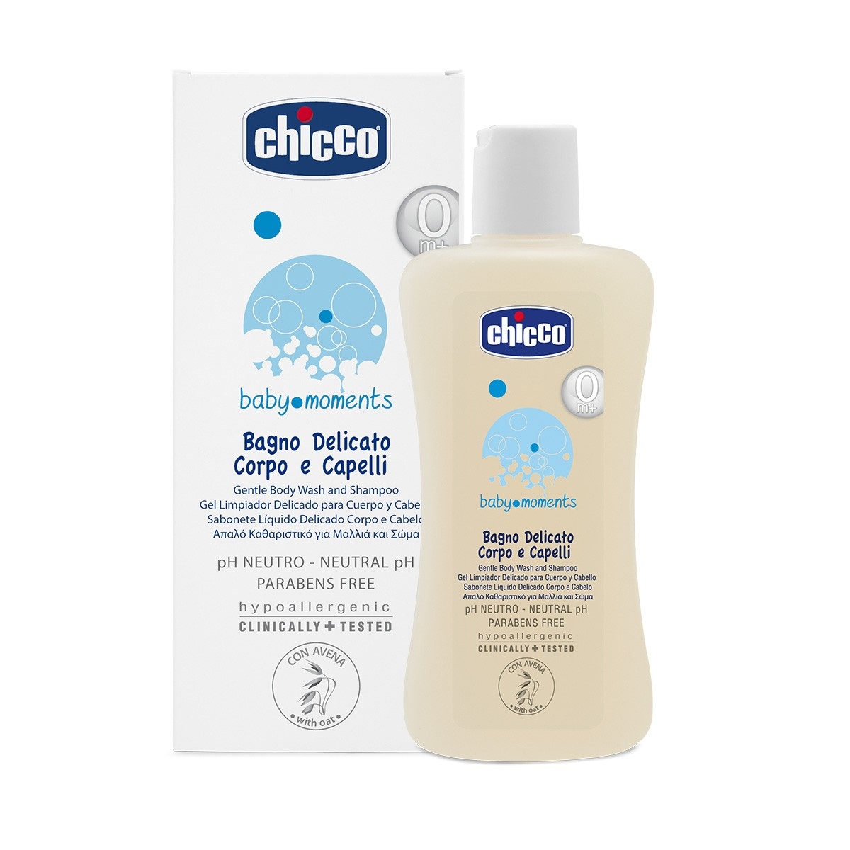 Chicco Baby Moments Bagno Delicato Corpo e Capelli 200 ml - Senza Parabeni, Ipoallergenico, Clinicamente Testato con Olio di Crusca di Riso