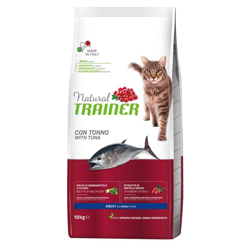 Natural Trainer Cibo Secco per Gatti Adulto con Tonno - 10 kg, Alimento Completo ed Equilibrato con Polpa di Barbabietola e Estratto di Mirtillo