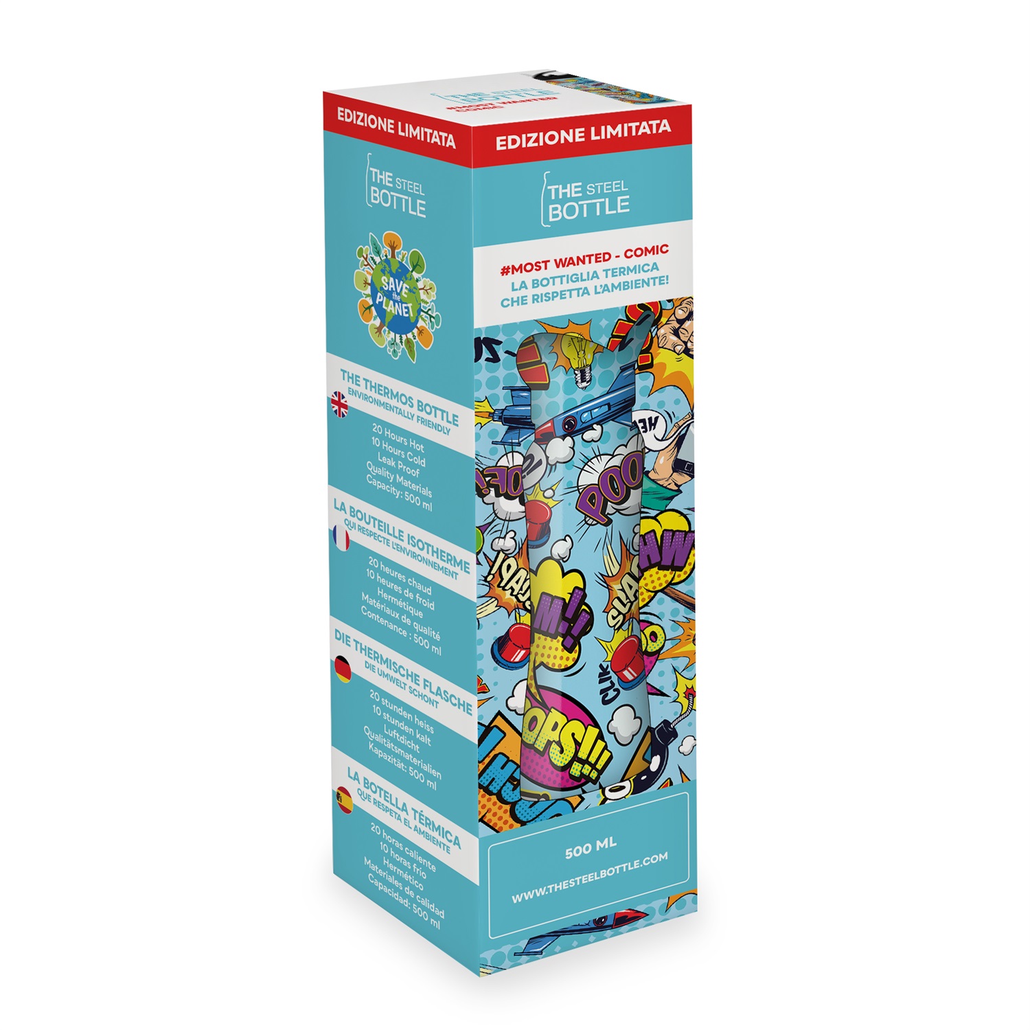 THE STEEL BOTTLE Most Wanted Comic - Borraccia Termica in Acciaio Inox 500 ml con Isolamento Sottovuoto e Chiusura Ermetica