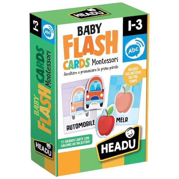 Headu Baby Flashcards Montessori IT21666 - Ascolta e Pronuncia le Prime Parole, Gioco Educativo per Bambini 1-3 Anni, Carte Sagomate ad Incastro, Made in Italy