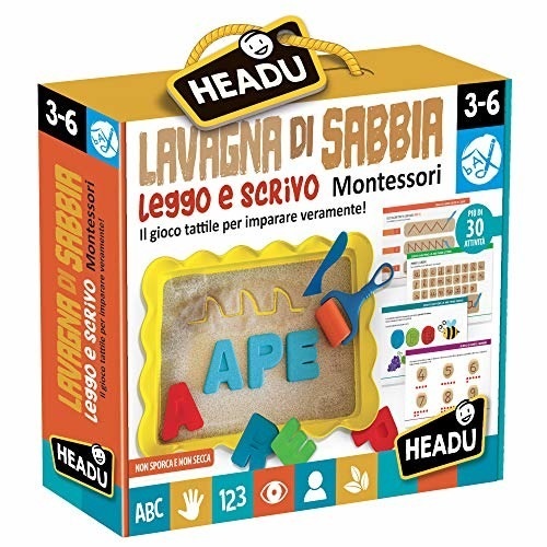 Headu Lavagna di Sabbia Leggo e Scrivo Montessori - Gioco Educativo per Insegnare a Leggere e Scrivere ai Bambini 3-6 Anni con Puzzle e Attività Didattiche